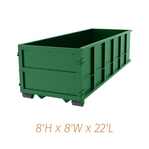 the forty yard dumpsters are typically 22 feet long, 8 feet wide, and 8 feet tall